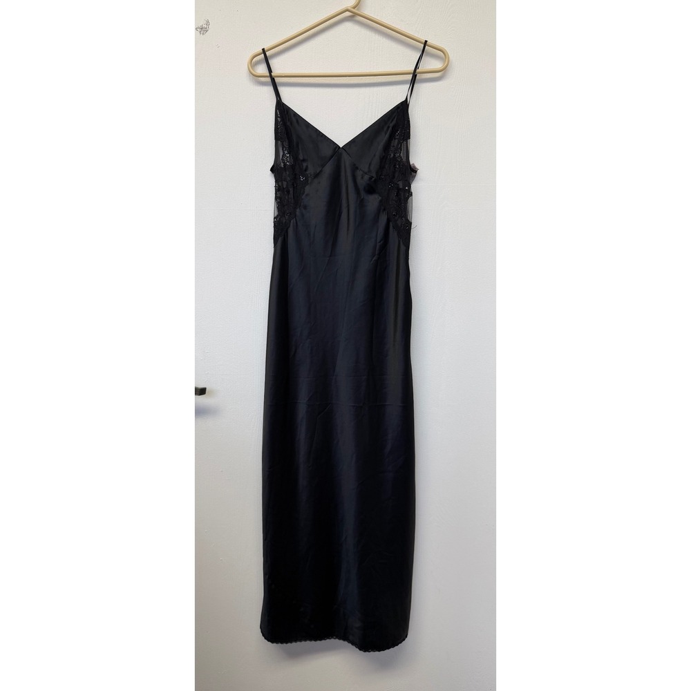 Victoria's Secret Y2K Maxi Slip Dress Black Lace Beaded Sequin Satin Small